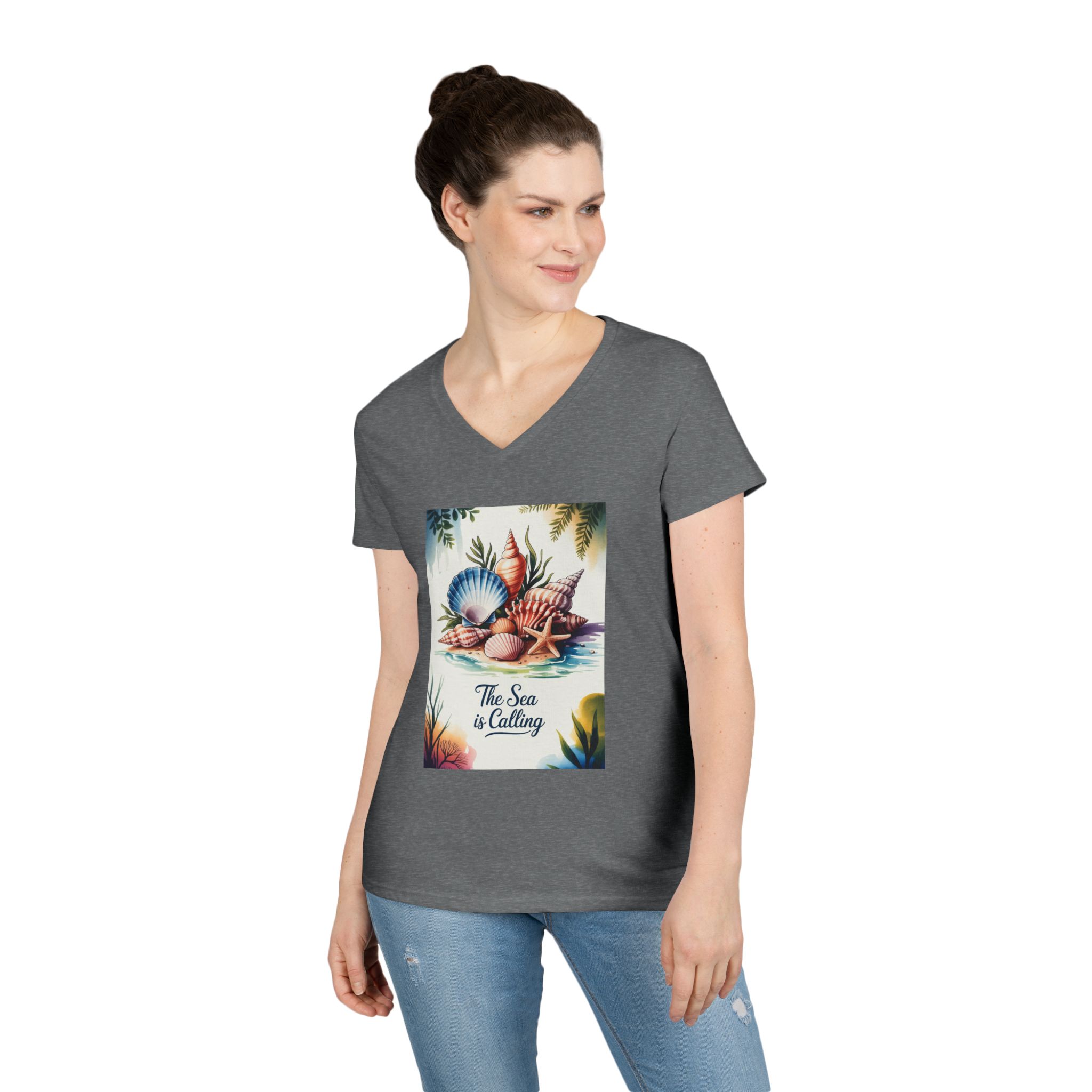 Beach Vibes Ladies' V-Neck T-Shirt - The Sea is Calling, Summer Shirt, Vacation Top, Ocean Lover Gift, Nautical Tee - Image 18