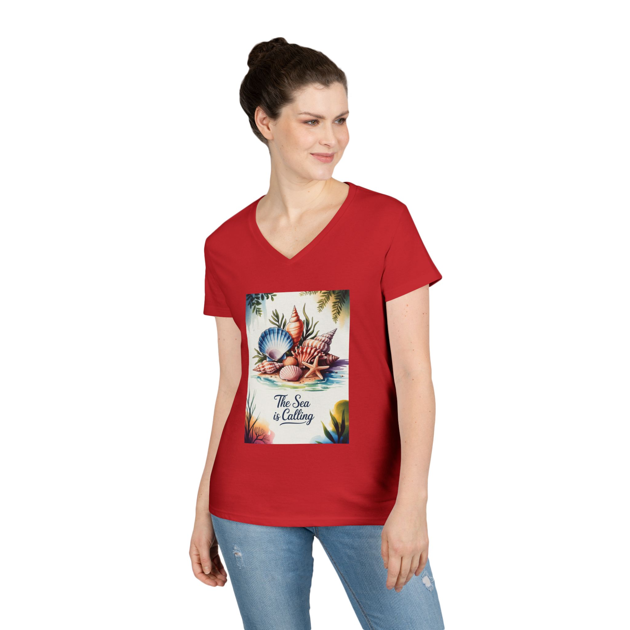 Beach Vibes Ladies' V-Neck T-Shirt - The Sea is Calling, Summer Shirt, Vacation Top, Ocean Lover Gift, Nautical Tee - Image 42