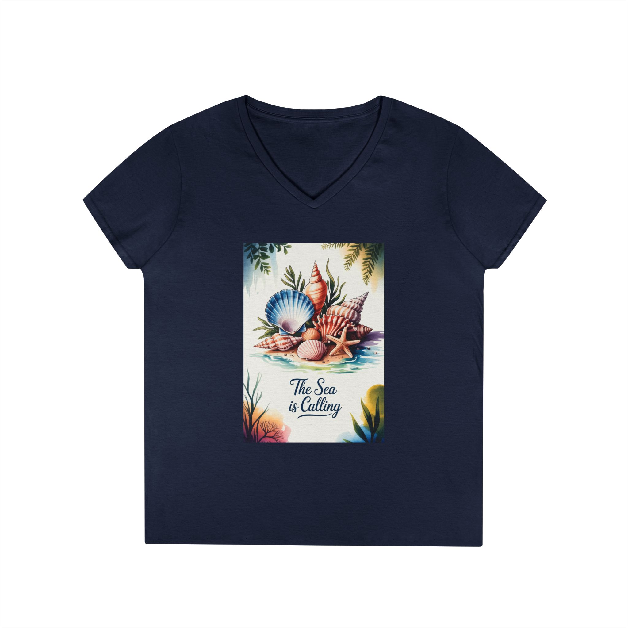 Beach Vibes Ladies' V-Neck T-Shirt - The Sea is Calling, Summer Shirt, Vacation Top, Ocean Lover Gift, Nautical Tee - Image 2