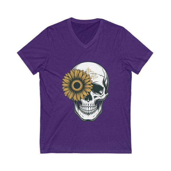 Sunflower Skull V-Neck Tee, Boho T-Shirt, Graphic Tee for Music Festivals, Summer Casual Wear, Eco-Friendly Gift
