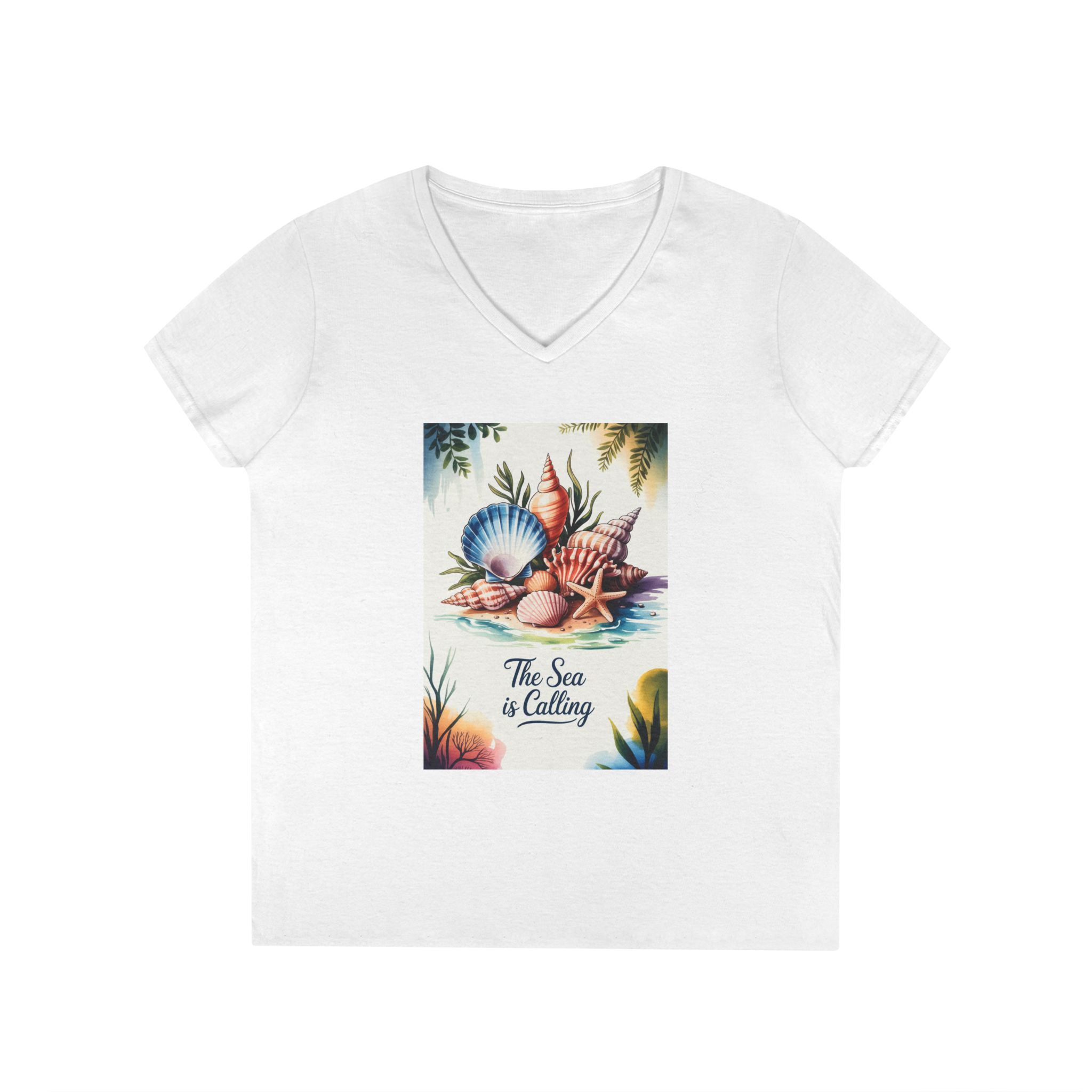 Beach Vibes Ladies' V-Neck T-Shirt - The Sea is Calling, Summer Shirt, Vacation Top, Ocean Lover Gift, Nautical Tee - Image 4