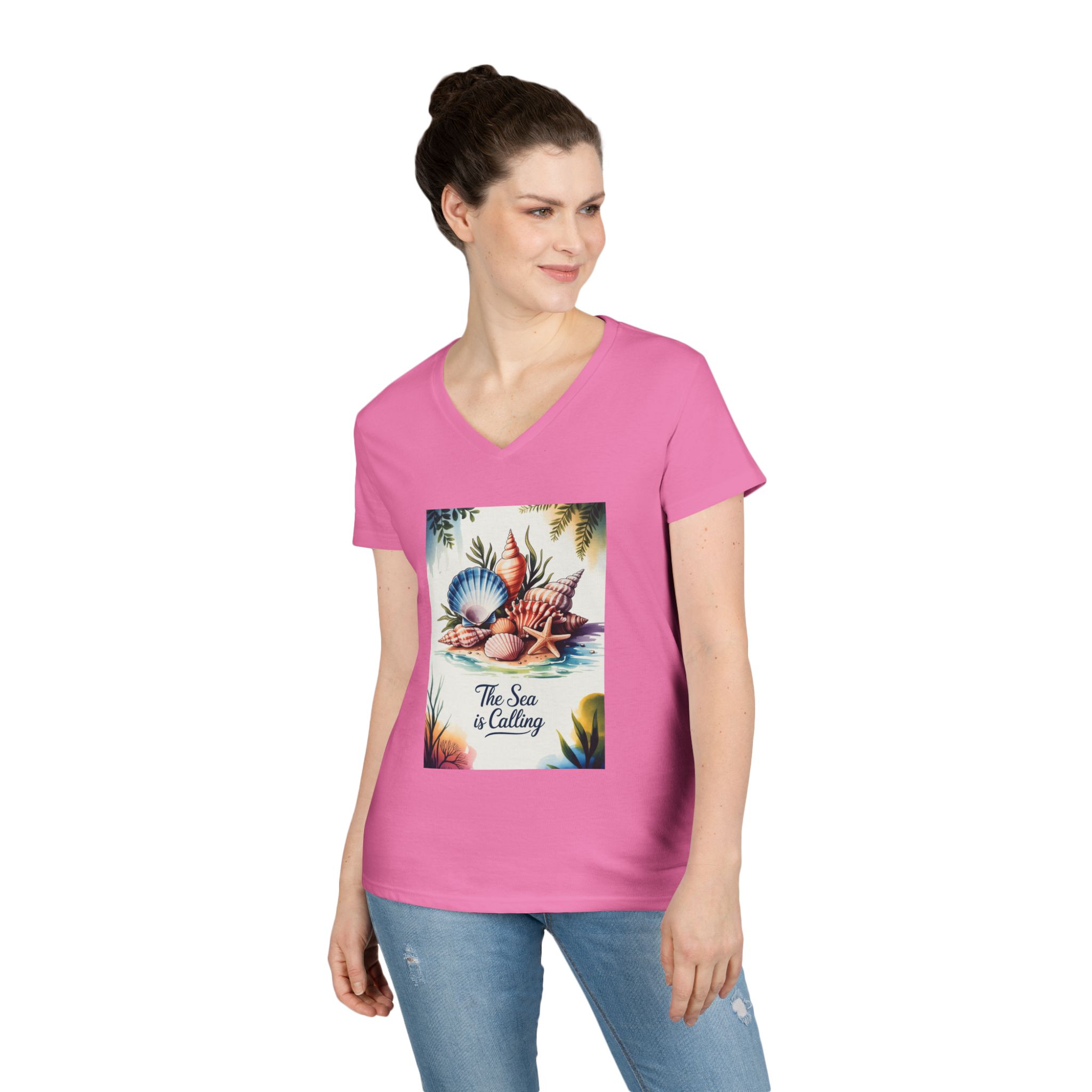 Beach Vibes Ladies' V-Neck T-Shirt - The Sea is Calling, Summer Shirt, Vacation Top, Ocean Lover Gift, Nautical Tee - Image 36
