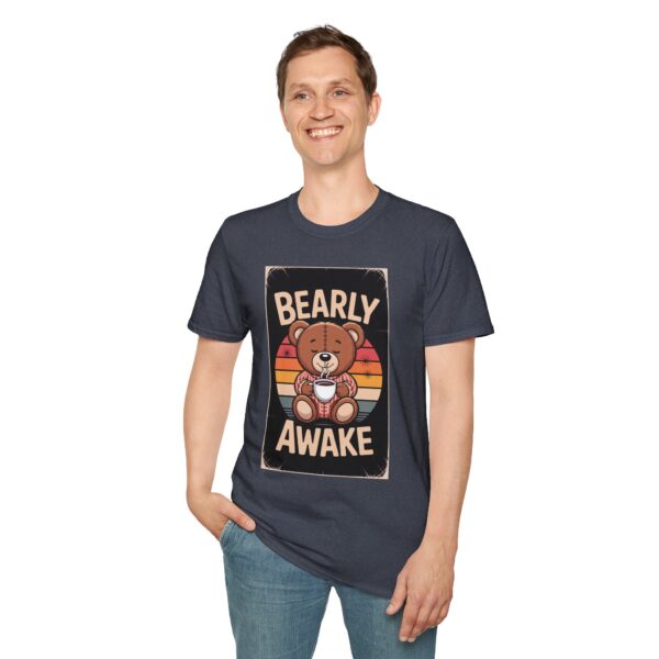 Bearly Awake Unisex Softstyle T-Shirt, Cute Bear Tee, Graphic Tee, Gift for Coffee Lovers, Cozy Nature Shirt, Fun Sleepy Bear Top