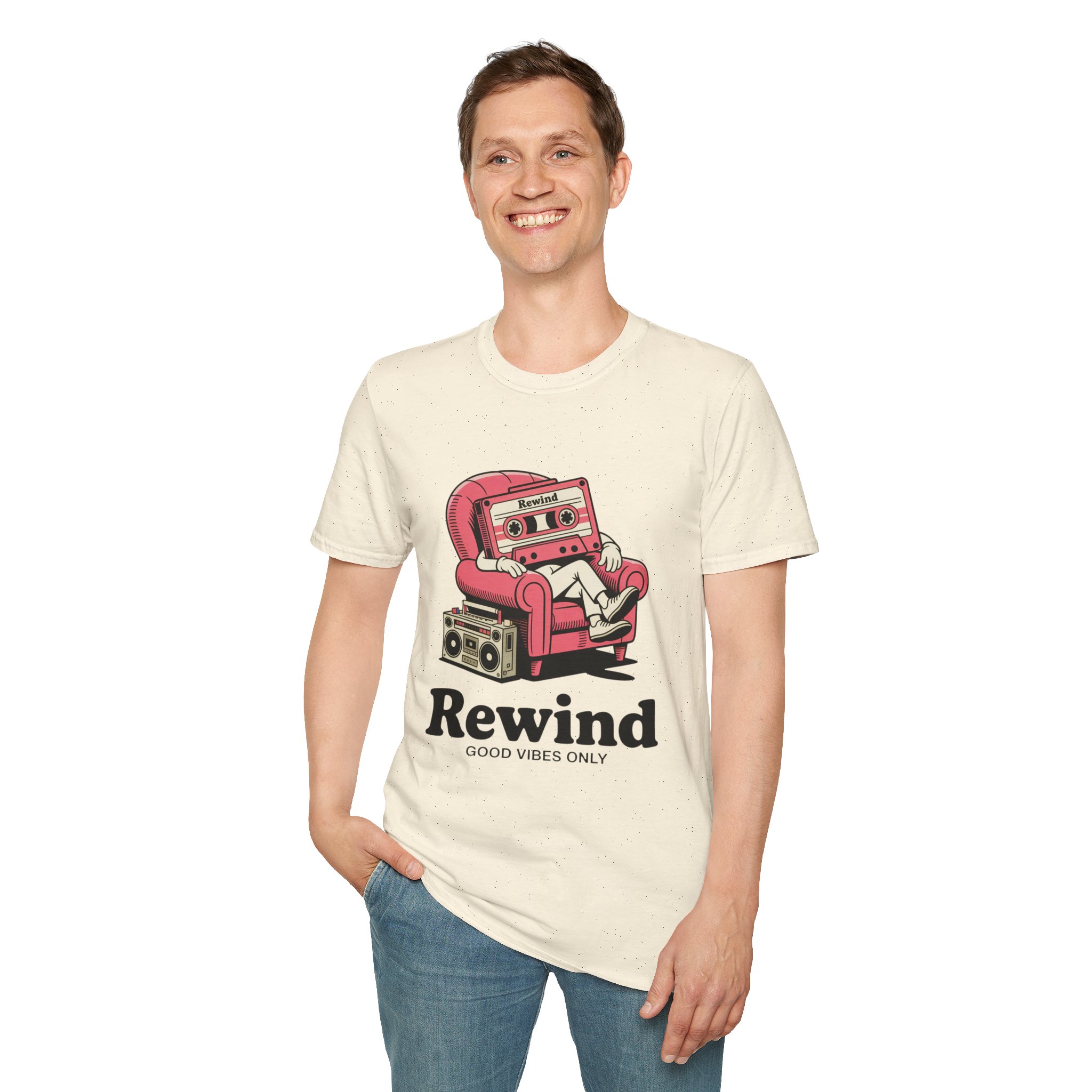 Retro Vibes T-Shirt, Unisex Softstyle Tee, Music Lovers Gift, Casual Vintage Shirt, Rewind Graphic Tee, Cool T-Shirt for Friends - Image 3