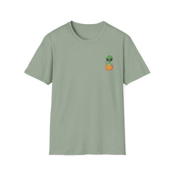 Alien in a Pocket Unisex Softstyle T-Shirt, Casual Tee, Cute Graphic Shirt, Gift for UFO Lovers, Fun Summer Wear, Quirky Outfit