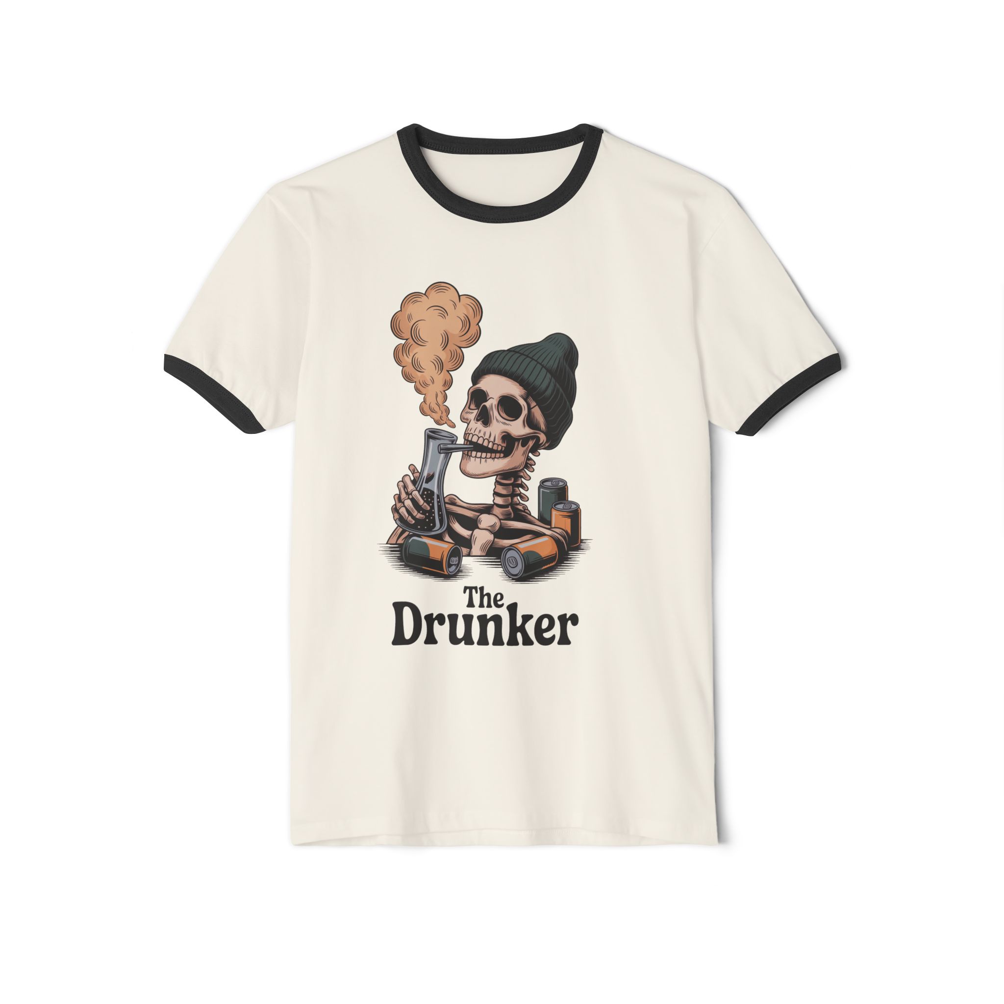 Skull Ringer T-Shirt - The Drunker, Funny Graphic Tee, Halloween Shirt, Gift for Beer Lovers, Unisex Vintage Apparel - Image 2