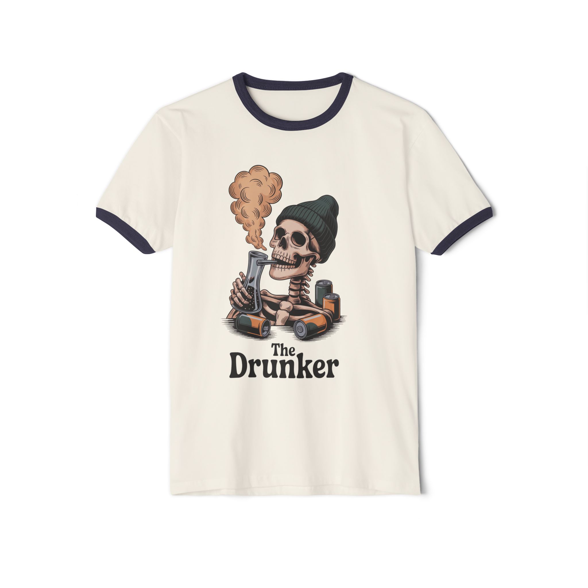 Skull Ringer T-Shirt - The Drunker, Funny Graphic Tee, Halloween Shirt, Gift for Beer Lovers, Unisex Vintage Apparel - Image 4